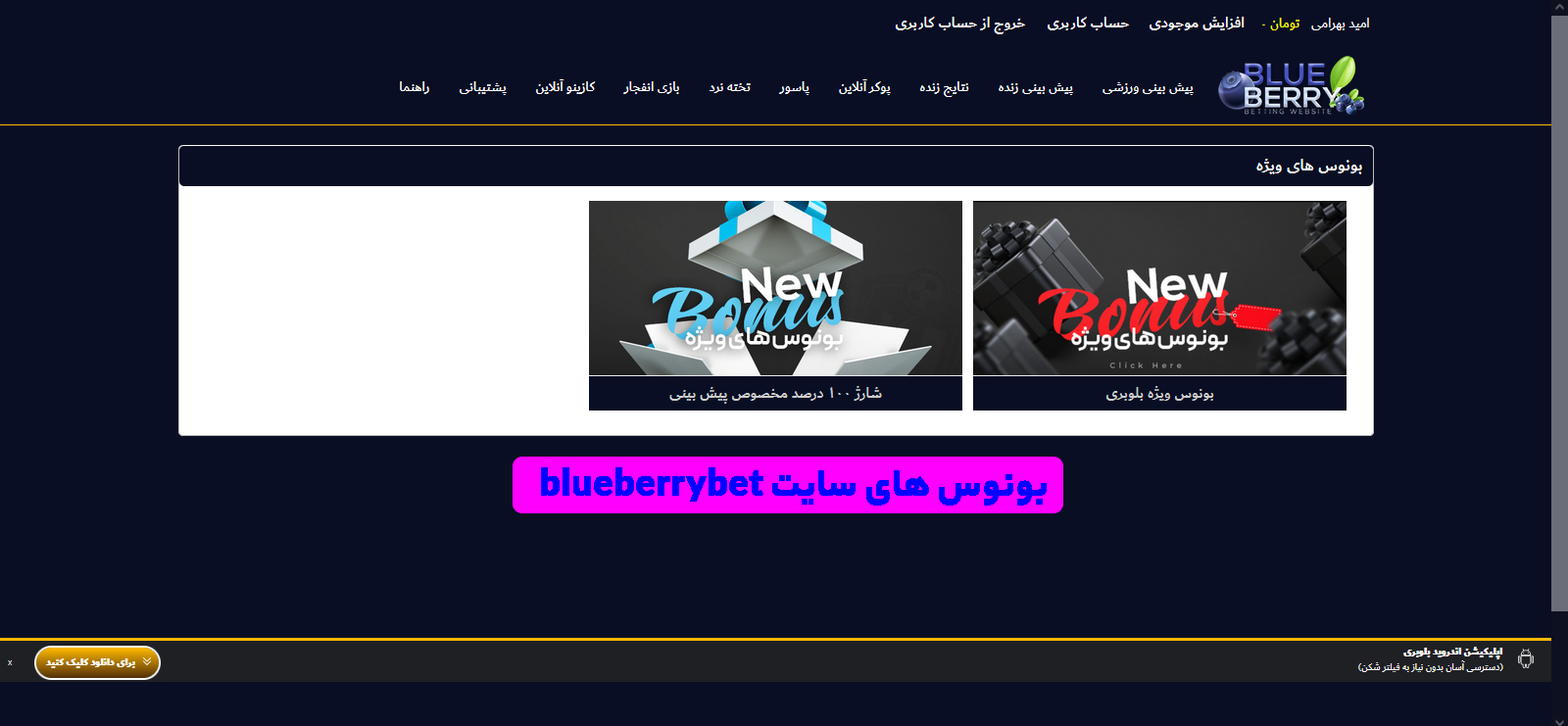 بونوس های سایت blueberrybet